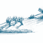 Illustration of windmills on a hillside