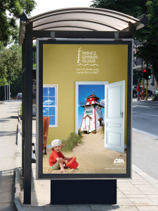 Transit ad of lighthouse just outside of door