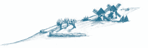 Illustration of windmills on a hillside